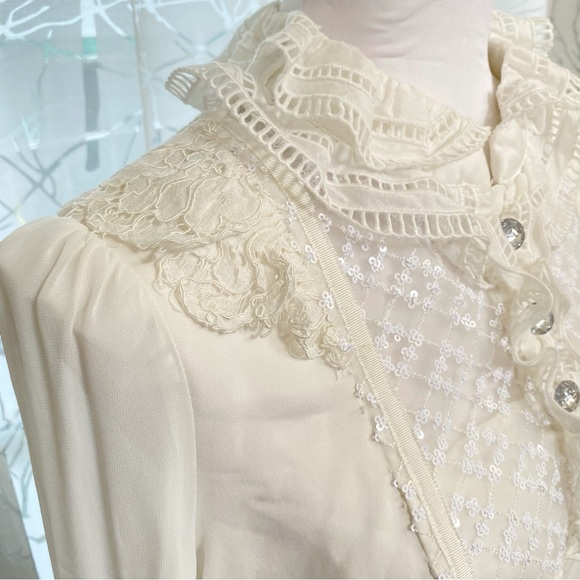 SELF-PORTRAIT WHITE SEQUIN RUFFLE FRILL COLLAR NECK BOW SHEER LONG SLEEVE TOP - Picture 9 of 16